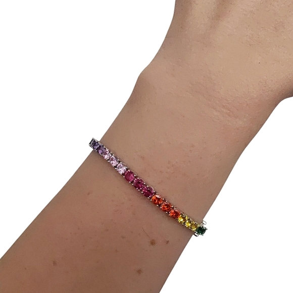 PAJ Signed Sterling Silver Rainbow Tennis Bracelet | .925 Multi-Color Gemstones - Picture 4 of 9